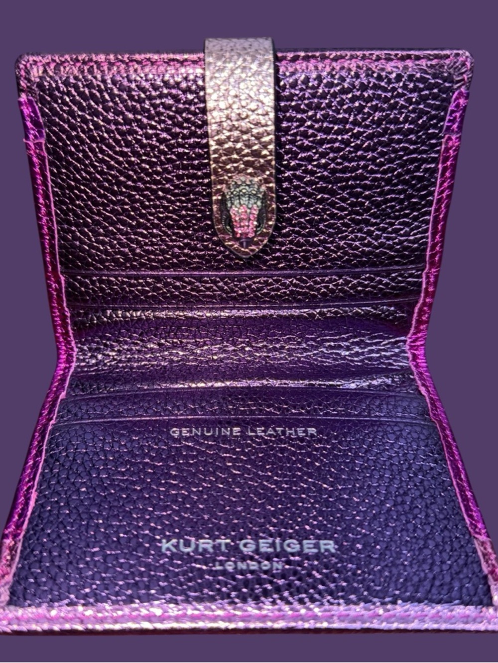 Kurt Geiger Metallic Fuchsia Leather Card Wallet with Gold Strap - Picture 8 of 15